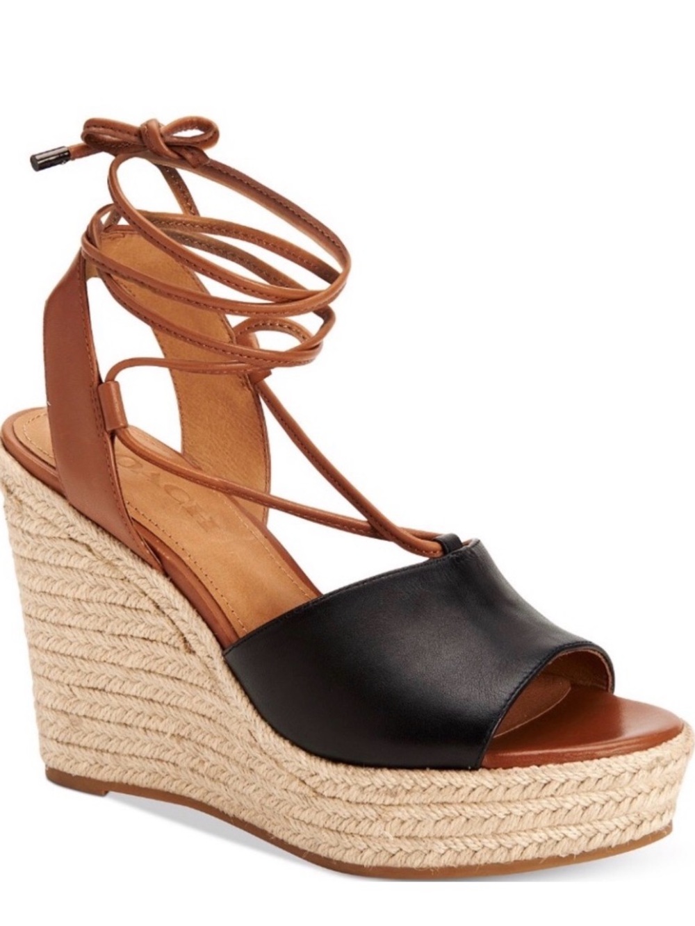 Coach Leather Black And Cognac Dana Espadrille Wedge Sandal Opened Toe Size 10B